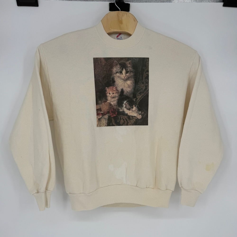 Vintage Jerzees Cat Graphic Sweatshirt Cream Crewneck USA Made Large Cats